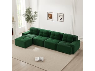 Canapé d'angle, canapé modulable – sans montage, sans cadre, base antidérapante, style cloud, vert, 4 places, avec méridienne, en velours tricoté