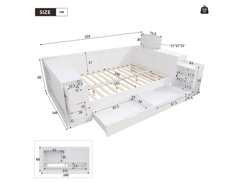  Lit enfant coffre 140x190 cm, tiroirs, étagères et rangements, lit ado multifonction en bois, sans matelas, blanc BUYDEEMEUS - Conforama D