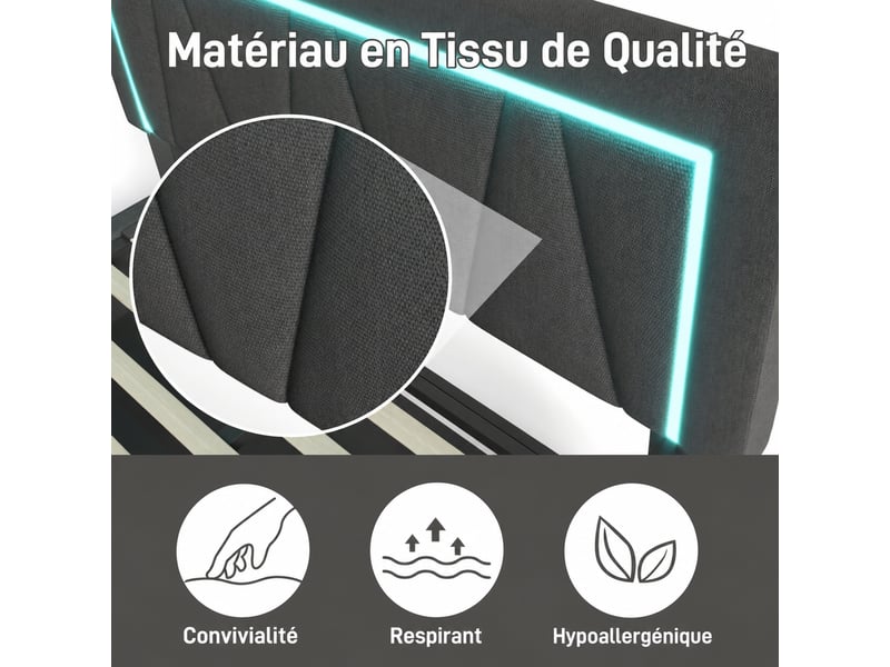  Lit coffre 160x200 avec éclairage led, tissu effet lin gris, usb et sommier  - Conforama E