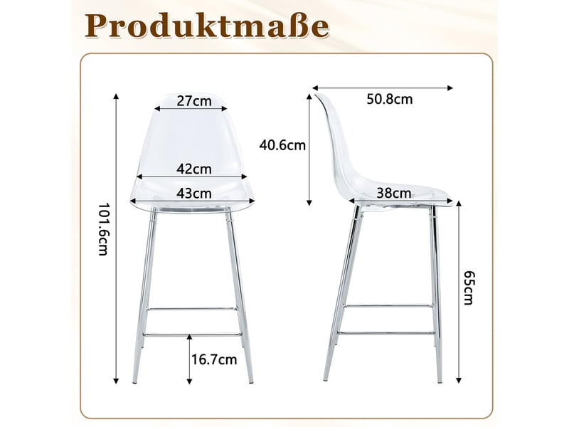  Tabourets de bar 43x50x101 cm lot de 4, transparents, chaise de bar, design moderne, cuisine, structure métal, argenté  - Conforama C