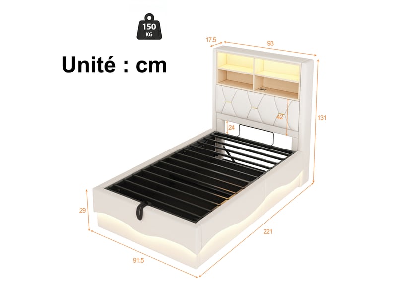  Lit coffre enfant 90x200 cm, lit simple avec rangement hydraulique, éclairage led et usb, sans matelas, beige  - Conforama D