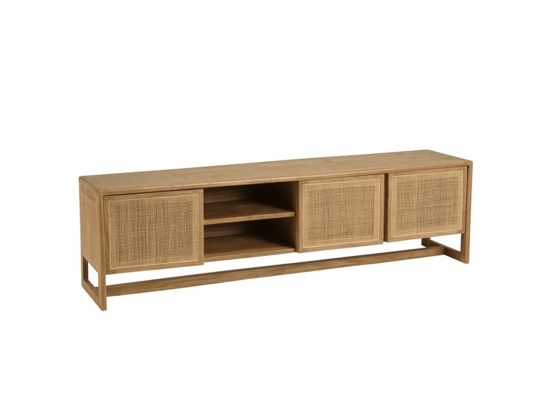  Amy - meuble tv 3 portes 2 niches l180cm en bois de mindi et rotin naturel  - Conforama A