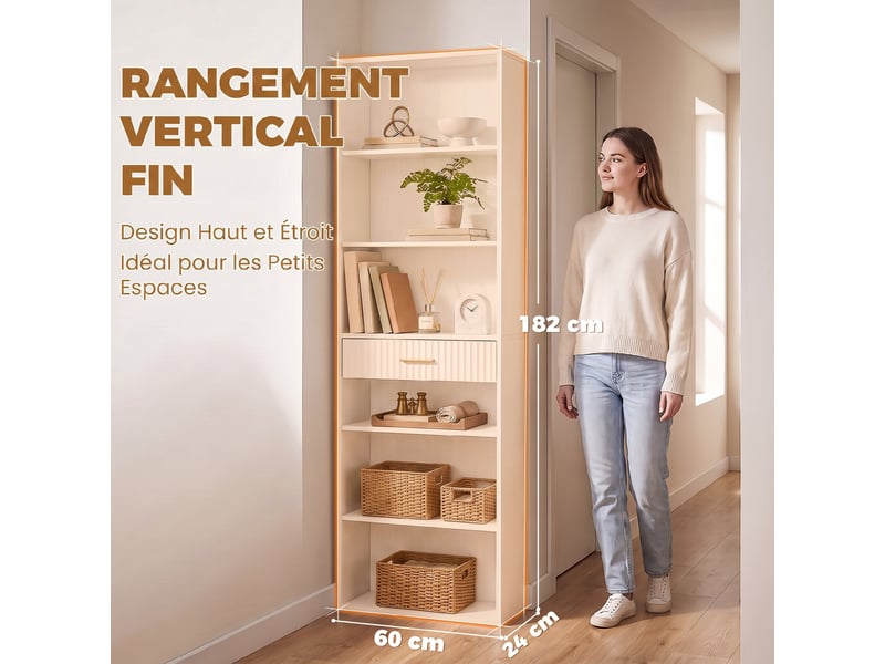  Bibliothèque 7 niveaux 6 compartiments 1 tiroir blanc 60 x 24 x 182 cm  - Conforama E