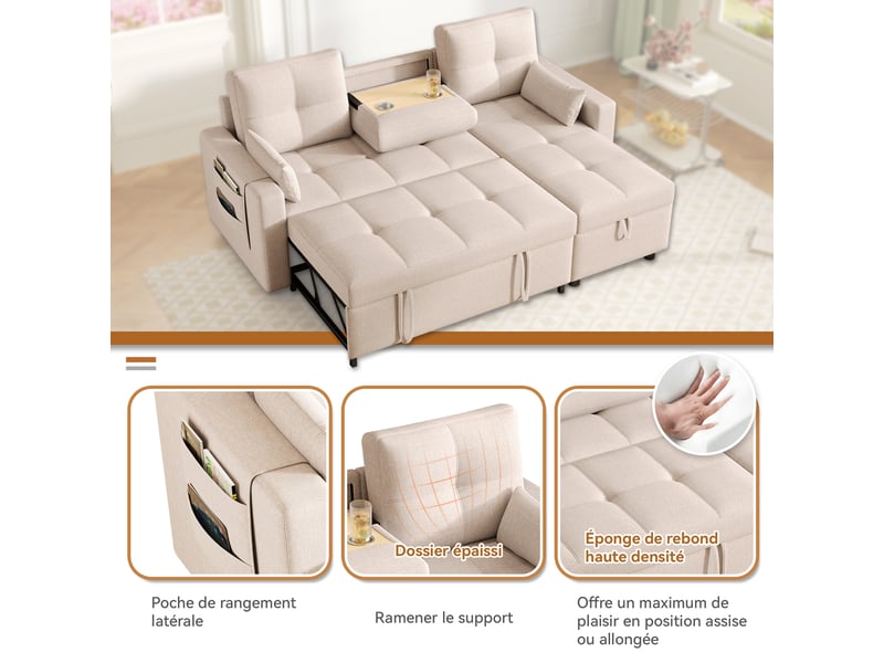  Canapé d'angle convertible modulable en lin avec rangement et porte-gobelet 3-4 places  - Conforama E