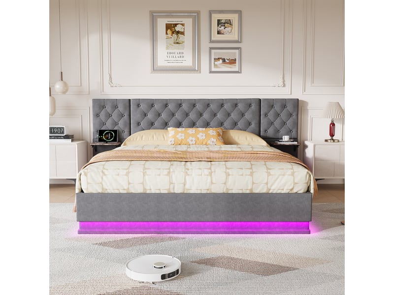  Lit coffre 2 places européen 140x200 cm, lit adulte, rangement, 2 chevets, led, recharge sans fil, port usb, lin gris  - Conforama C
