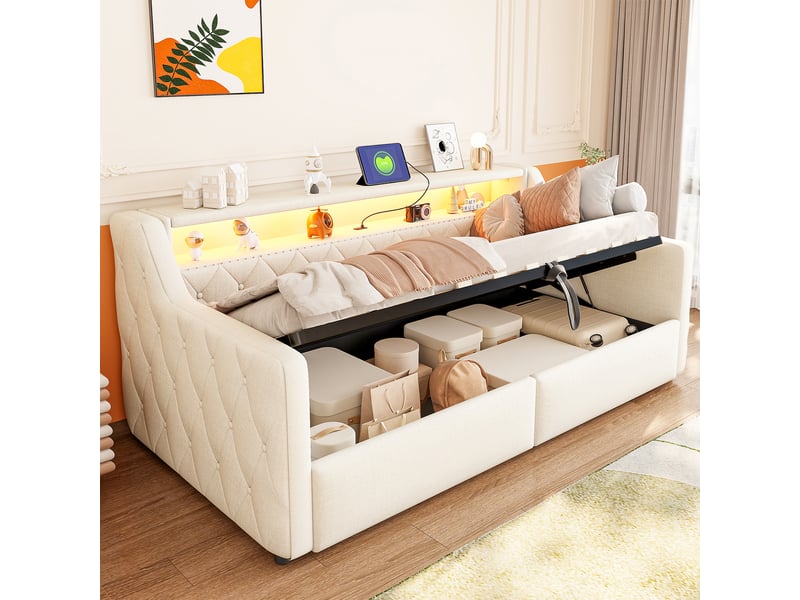 Lit coffre hydraulique 90x200 cm avec led, usb et usb-c, tissu lin beige, structure mdf, sans matelas - Conforama B