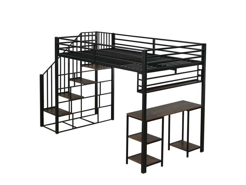  Lit mezzanine 120 x 200 cm, bureau intégré, escalier, étagères de rangement, sommier à lattes, métal et panneaux de particules, noir et noyer foncé ABC - Conforama A