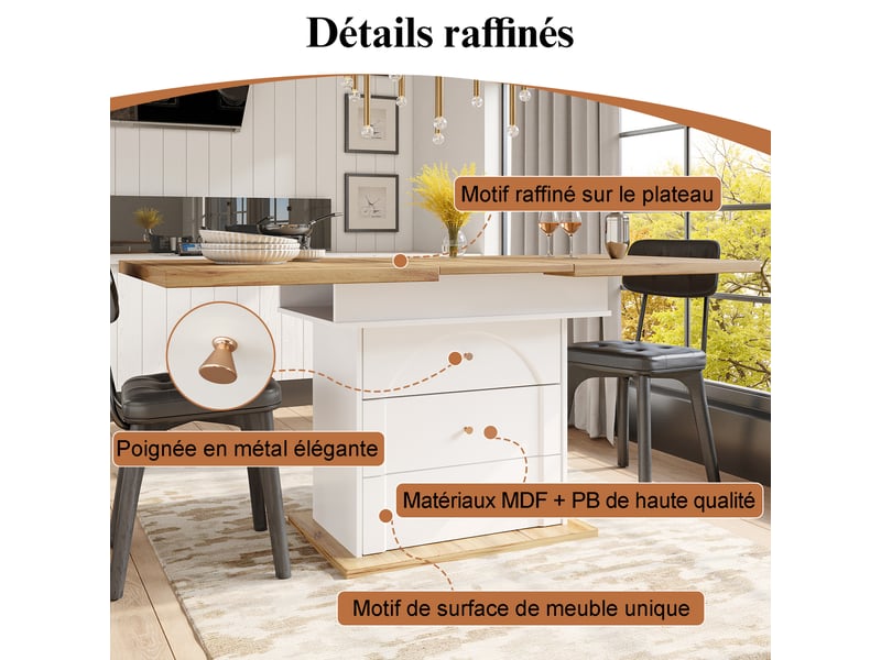  Table à manger extensible 110-140x80 cm avec meuble de rangement intégré, table gain de place pour 4 à 6 personnes  - Conforama E