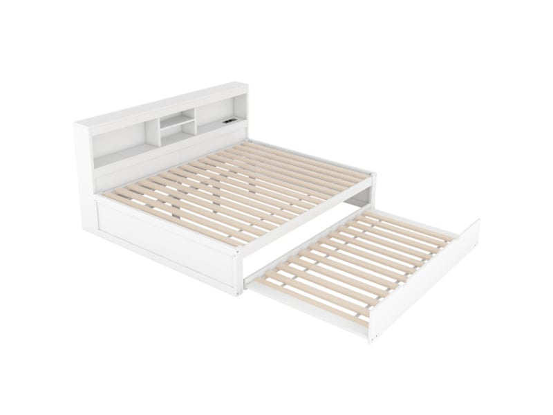  Lit gigogne 140x200 cm, rangement latéral et led, en bois, blanc, sans matelas  - Conforama E