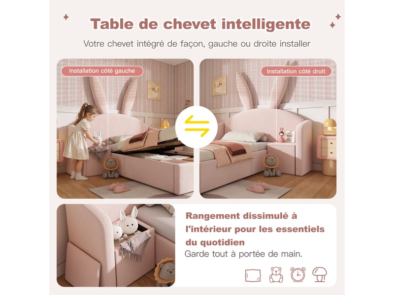  Lit coffre enfant 90x200cm, tête de lit oreilles de lapin, chevet, velours rose, sans matelas C-DEGAYUN - Conforama E