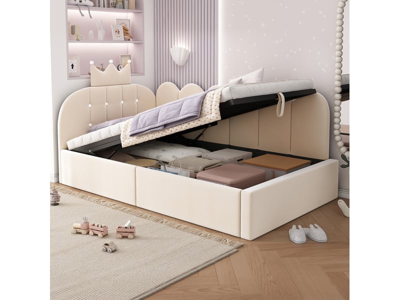 Modenvie lit banquette 90x190 cm - avec rangement hydraulique, sans matelas, velours rembourré - beige  - Conforama E