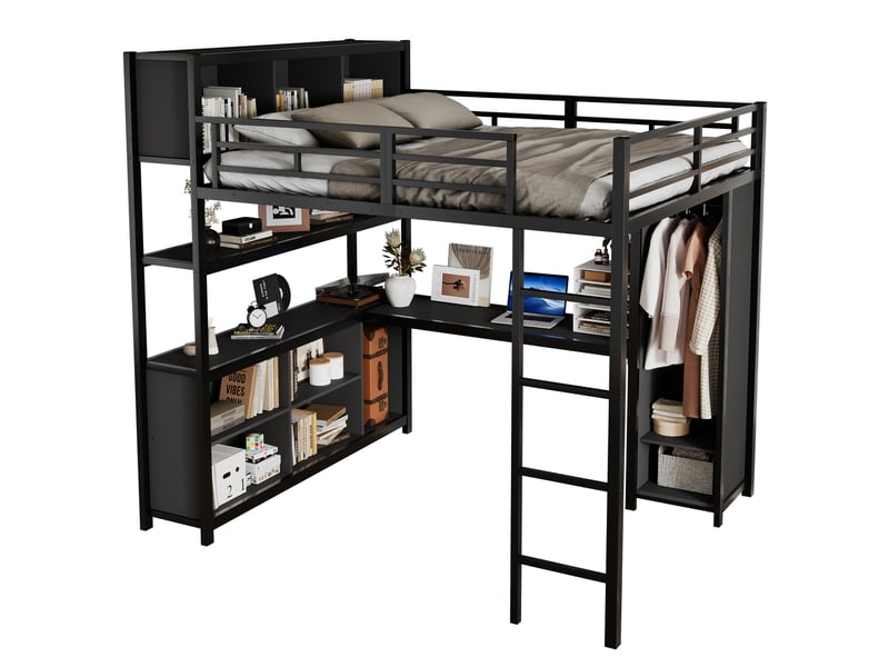  Lit mezzanine 140x200 cm avec bureau, rangement double niveau et armoire en métal et panneau de particules noir  - Conforama A