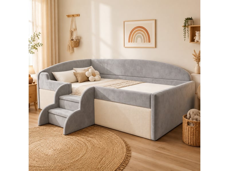  Lit enfant 90x190 cm avec marches et barrières en velours gris  - Conforama D