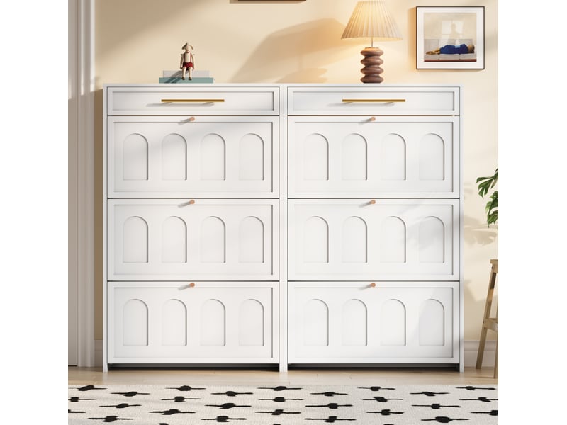 Ensemble de 2 meubles à chaussures ulevr, 12 compartiments et 2 tiroirs, 140 x 25 x 125 cm, mdf blanc - Conforama E