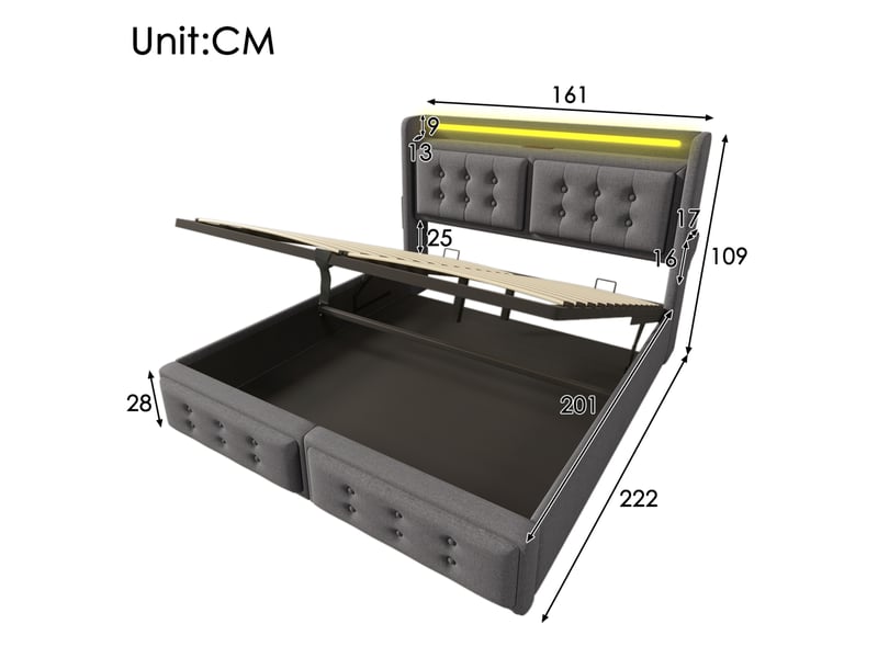  Lit coffre 160 × 200 cm 2 places avec led, usb et type-c, rangement hydraulique, avec matelas, en tissu gris  - Conforama D