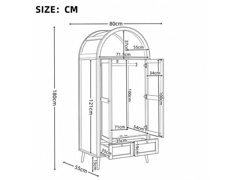 Armoire 2 portes et 2 tiroirs de 180 cm de haut, aspect noyer avec rotin beige, forme arquée, tringle à vêtements et étagère ouverte, noyer et beige - Conforama C