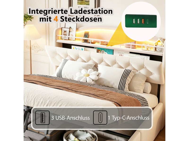  Lit coffre 140 × 200 cm, rangement hydraulique, tête avec étagères, led, usb-a et usb-c, sommier métal, velours beige  - Conforama E