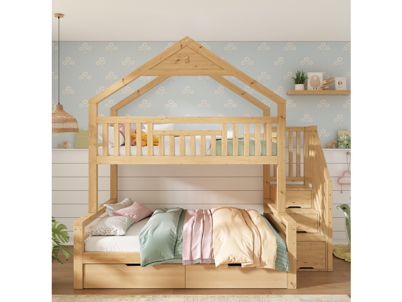  Lit superposé 90140 × 200 cm avec escalier-rangement, 2 tiroirs, toit pignon et barrières pour chambre enfant en bois  - Conforama E