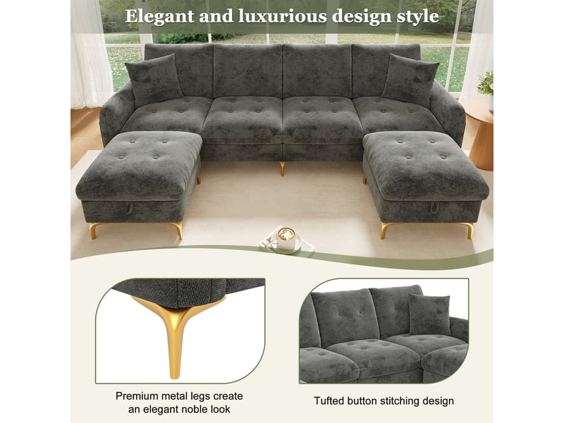  Canapé modulable 4 places en u gris avec pouf de rangement  - Conforama C