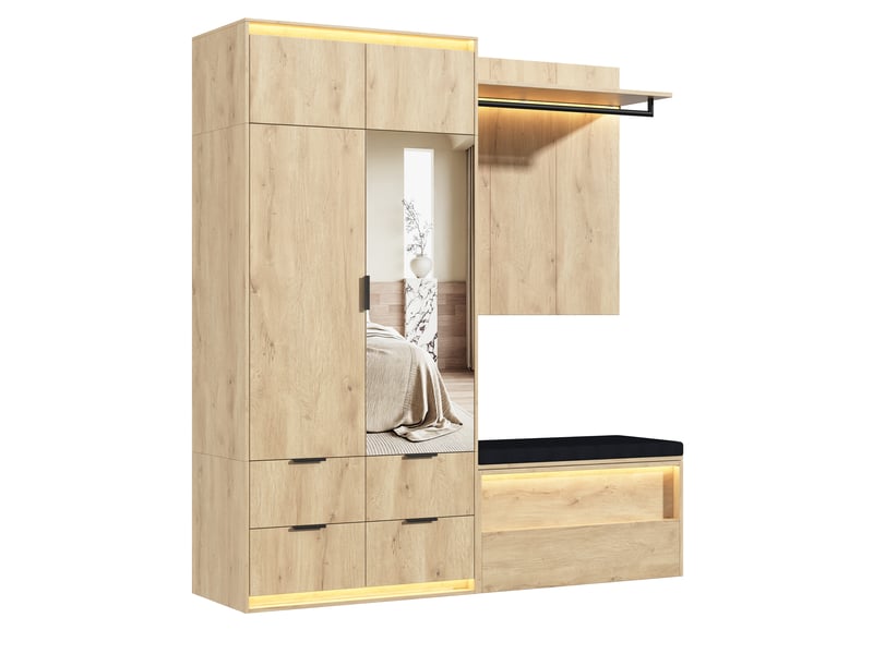  Vestiaire d'entrée 180x47x200 cm avec armoire, miroir, banc rembourré, led, 2 penderies et 4 tiroirs, mdf anthracite et chêne OMNIGLINT TRADING LTD - Conforama A