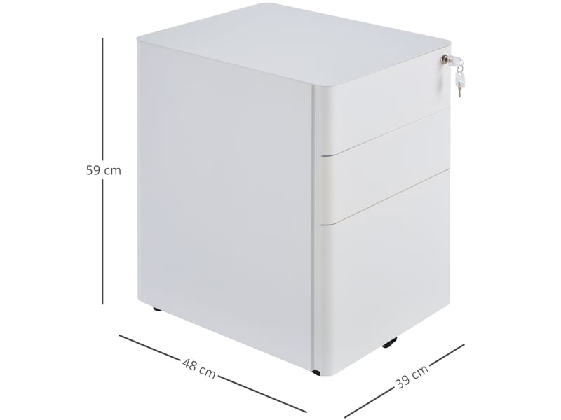  Caisson de bureau mobile en acier 39 x 48 x 59 cm – blanc – 3 tiroirs avec serrure et roulettes  - Conforama C
