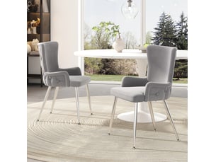 Lot de 2 chaises salle à manger, gris, dossier élevé, 4 pieds en métal argenté, structure métal, en velours