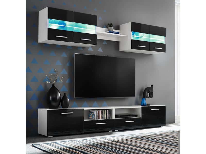  Meuble tv - ensemble mural pour tv 5 pcs avec lumières led noir brillant  - Conforama B