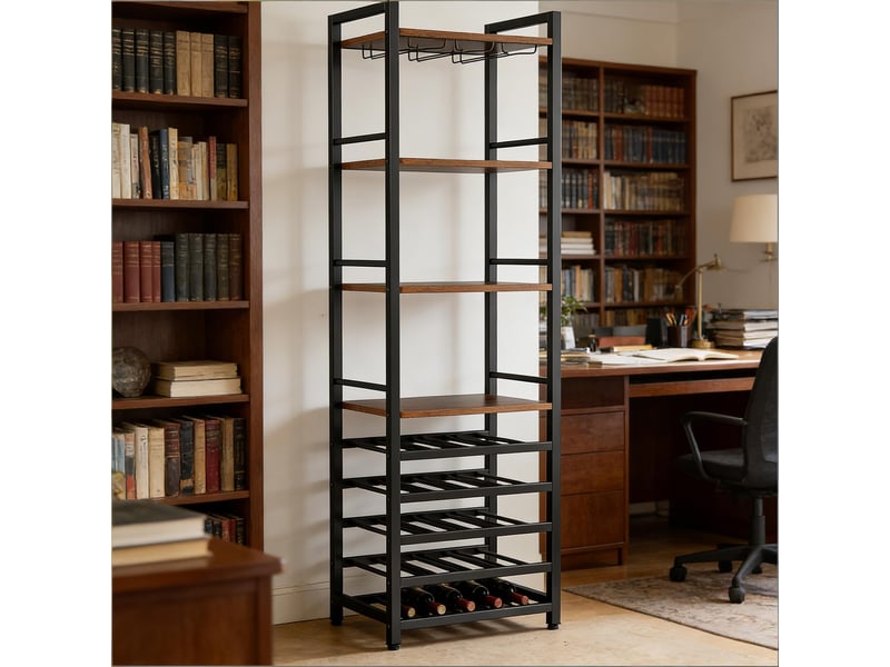 Étagère à vin industrielle 45x35x180 cm en métal et panneau de particules avec porte-verres - Conforama D