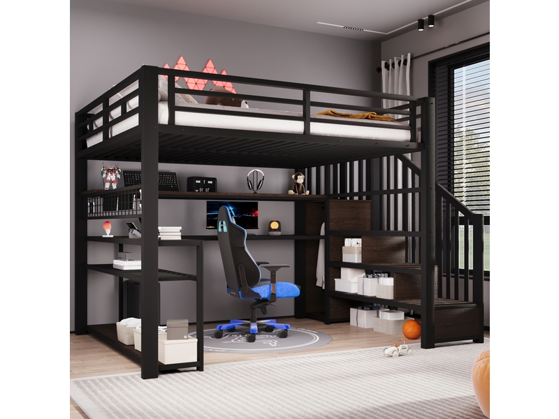  Lit mezzanine en métal 140x200 cm avec bureau, armoire, led rgb et rangements noir  - Conforama E
