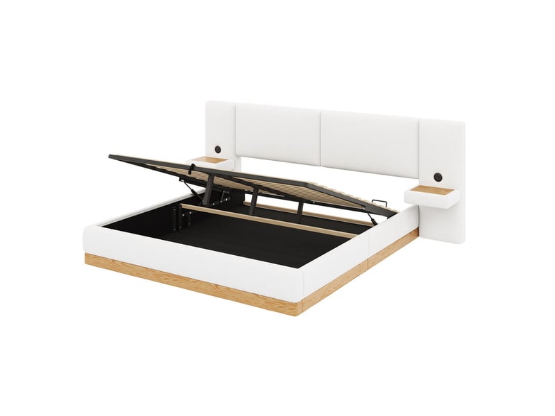  Lit coffre rembourré 140x200 cm -  avec étagères en tête de lit et ports usb - tissu teddy + pu​​ - blanc+naturel (sans matelas)  - Conforama R