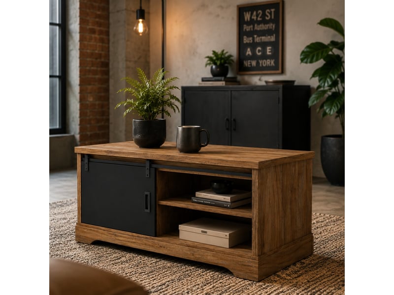  Table basse industrielle rectangle noir et bois 120cm nova  - Conforama B