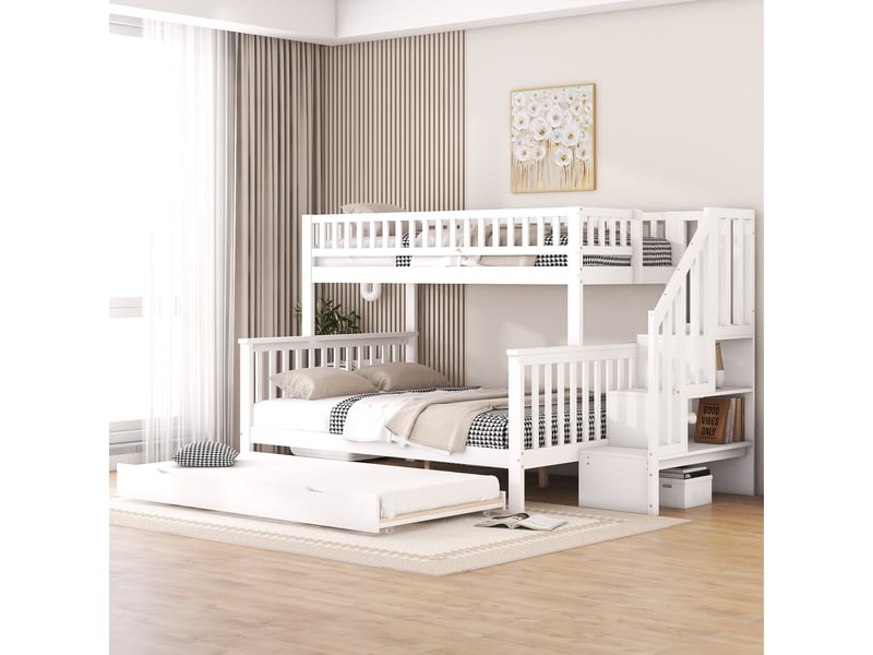  Lit superposé enfant 90 x 200cm et 140 x 200cm avec sommier, sans matelas, pin, blanc, tiroirs et escalier  - Conforama C