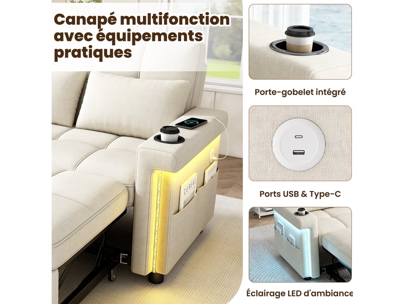  Canapé convertible 2 places 145x141,5x90 cm avec led et ports usbtype-c beige  - Conforama E