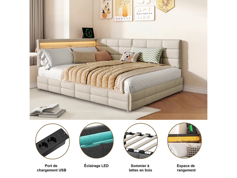 Kefsr lit double capitonné 140x190 cm, lit d'angle banquette avec 2 tiroirs, éclairage led, prises usbtype-c et sommier à lattes, tissu lin beige - Conforama W