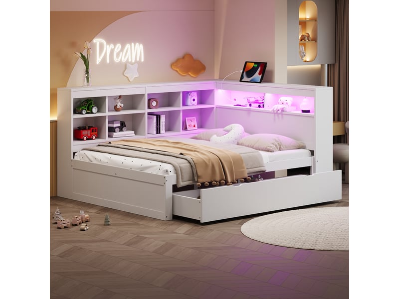  Lit coffre 140x200 cm avec rangements intégrés, led et usb, pin blanc, sans matelas  - Conforama W