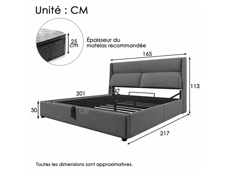  Lit coffre hydraulique 160 x 200 cm en lin gris, appuie-têtes réglables  - Conforama C