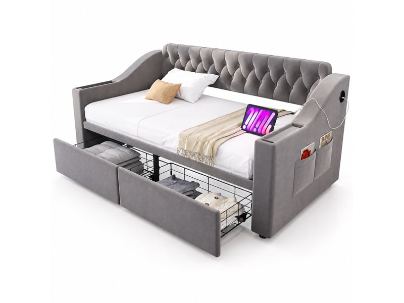  Lit jeune 90x190 cm, coloris gris clair, tissu velours, tiroirs de rangement et accoudoirs compartimentés  - Conforama A
