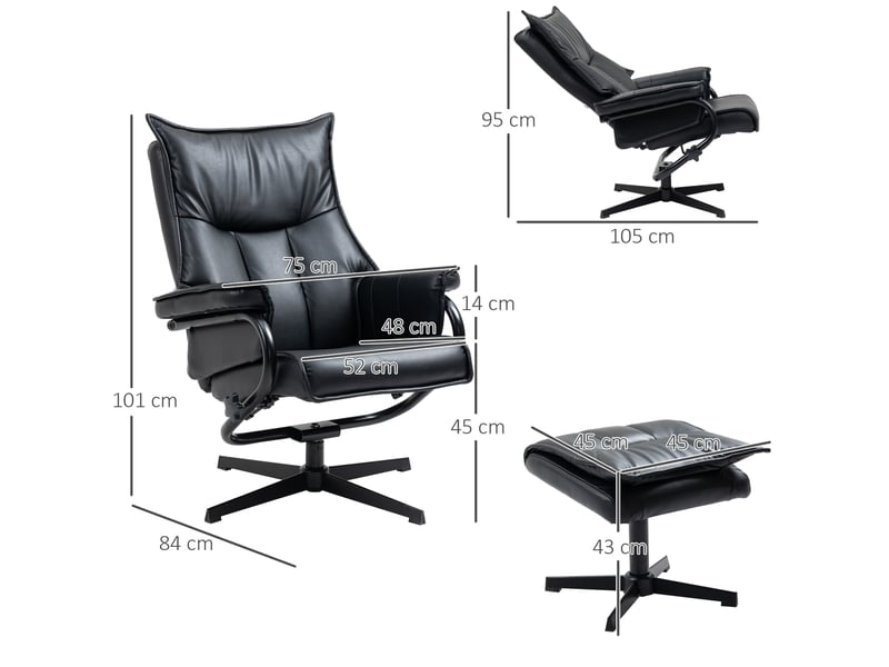  Fauteuil pivotant 84x105x101 cm avec repose-pieds, dossier inclinable 135°, noir  - Conforama D