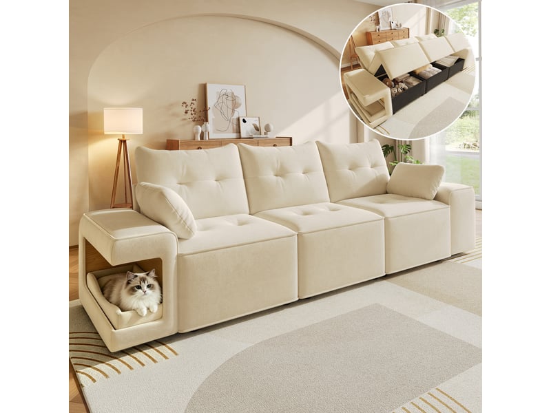 Canapé modulable 3 places 229,5 x 78 x 84 cm avec rangement intégré, espace , larges accoudoirs, dossier design oreilles de chat, tissu velours - beige  - Conforama B