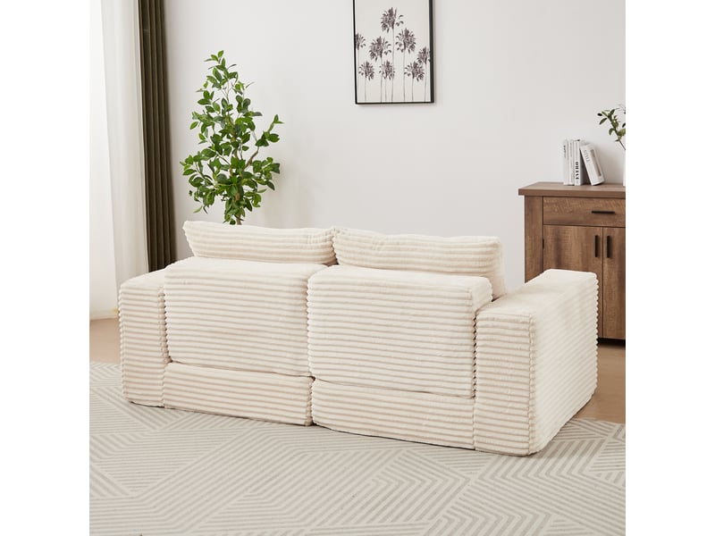 Canapé convertible 2-en-1 modulable en velours côtelé, avec 2 coussins, pouf amovible, accoudoirs carrés - beige - Conforama B