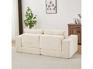 Canapé convertible 2-en-1 modulable en velours côtelé, avec 2 coussins, pouf amovible, accoudoirs carrés - beige