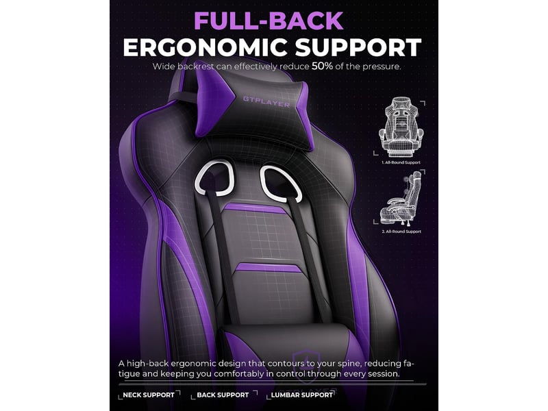  Gtplayer chaise de jeu avec repose-pieds, 180kg, soutien lombaire, appui-tête réglable, inclinable à 155° - violet F59-PP-TJ - Conforama E