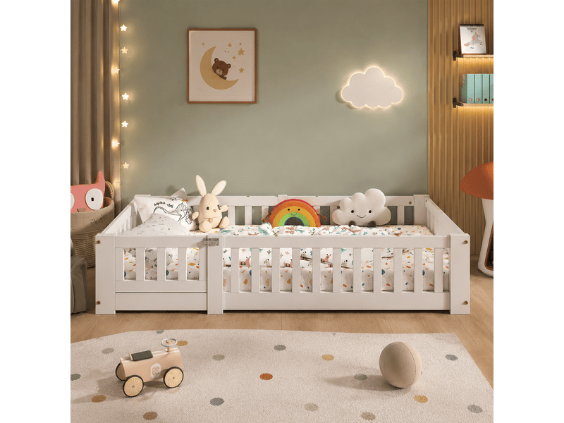  Lit enfant 90x190 cm, lit au sol avec barrière de sécurité et sommier à lattes, lits montessori pour garçons et filles, charge jusqu’à 100 kg, blanc  - Conforama D