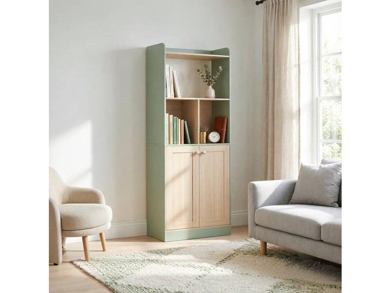  Bibliothèque avec 6 niches et grand placard, surface mélaminée, pour salon, vert et bois, 60 × 30 × 161,2 cm  - Conforama C