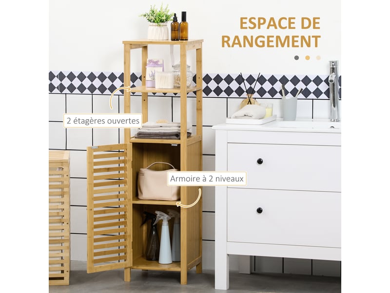  Meuble colonne salle de bain en bambou 2 étagères ouvertes et placard, bois naturel, 32,9 x 29,9 x 120 cm  - Conforama A