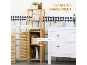 Meuble colonne salle de bain en bambou 2 étagères ouvertes et placard, bois naturel, 32,9 x 29,9 x 120 cm