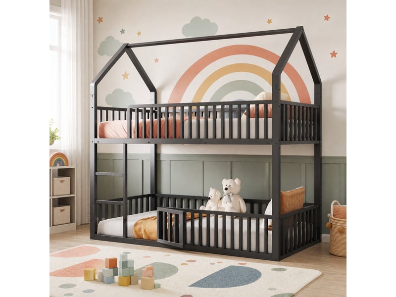 Lit superposé enfant 200×90 cm en forme de maison avec échelle frontale et petite porte, en métal noir  - Conforama B