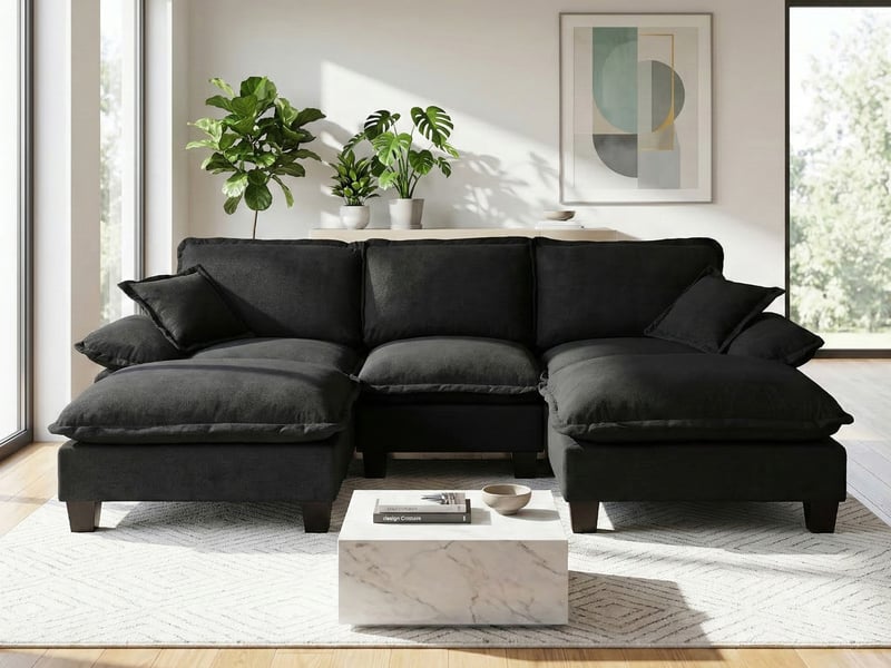  Canapé d'angle en forme de u,5 places, avec 2 poufs mobiles et 2 coussins doux, 263 × 151×90cm,noir  - Conforama B