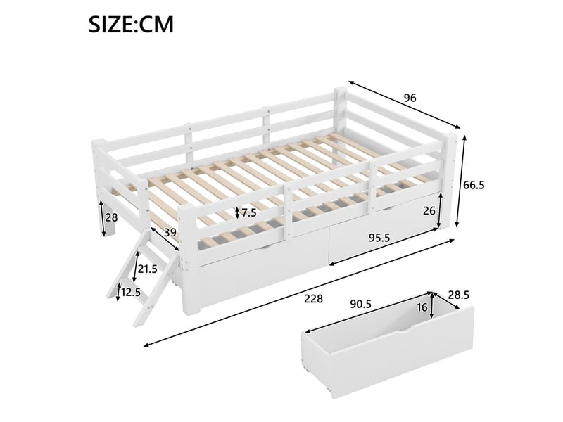  Lit simple 90 x 200 cm lit plateforme en bois barrière de protection 2 tiroirs de rangement finition blanche  - Conforama C