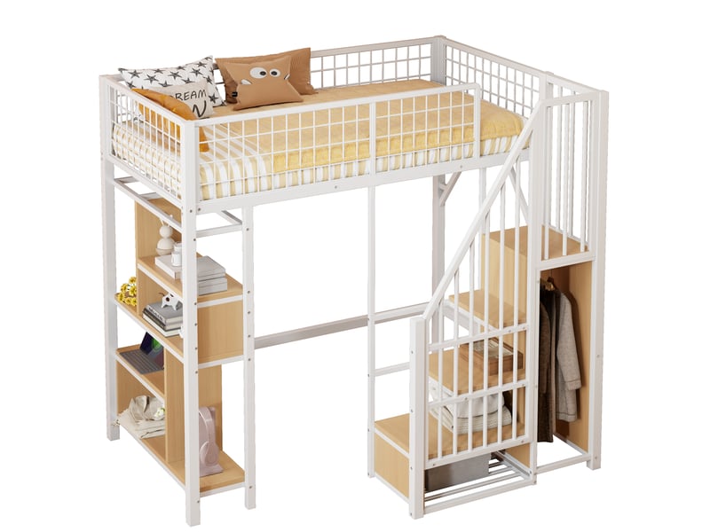  Lit mezzanine 90 x 200 cm en métal avec escalier et rangements intégrés, blanc  - Conforama A